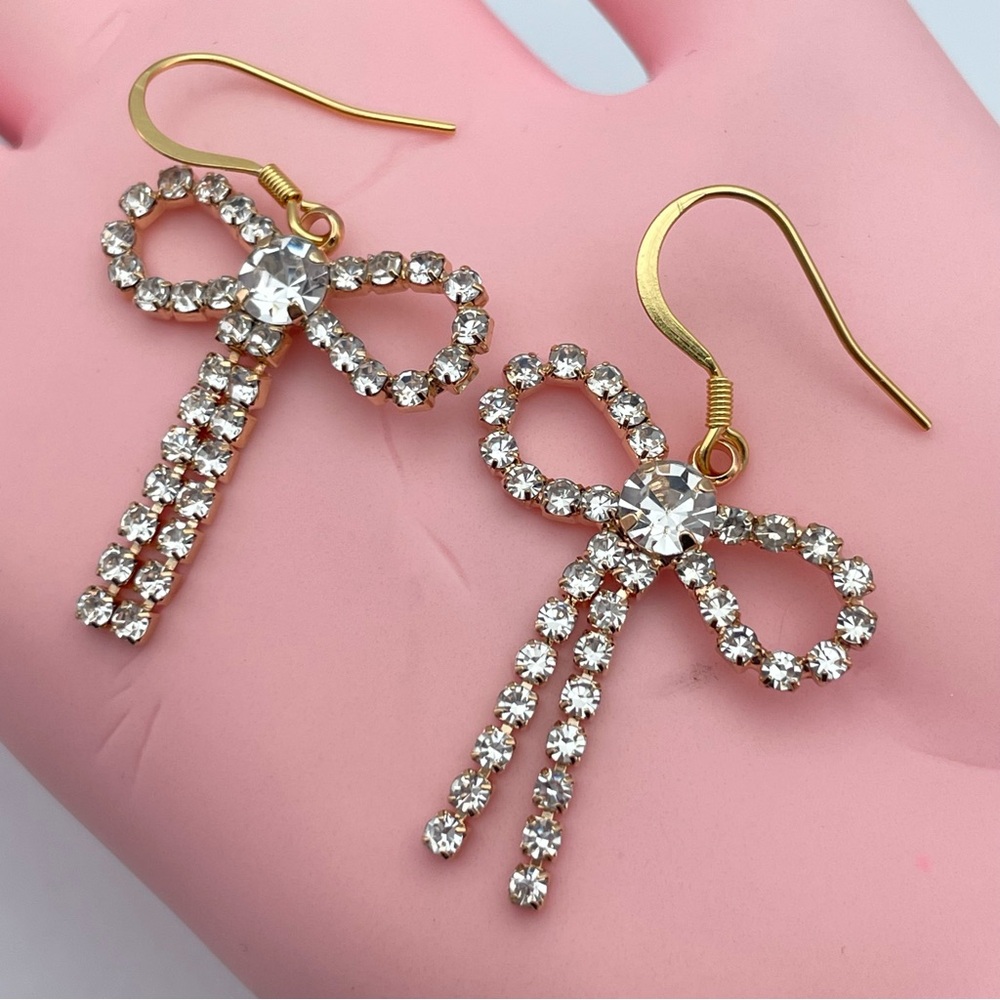 18K Gold Plated Crystal Bow Earrings – Sparkling Rhinestone Dangles